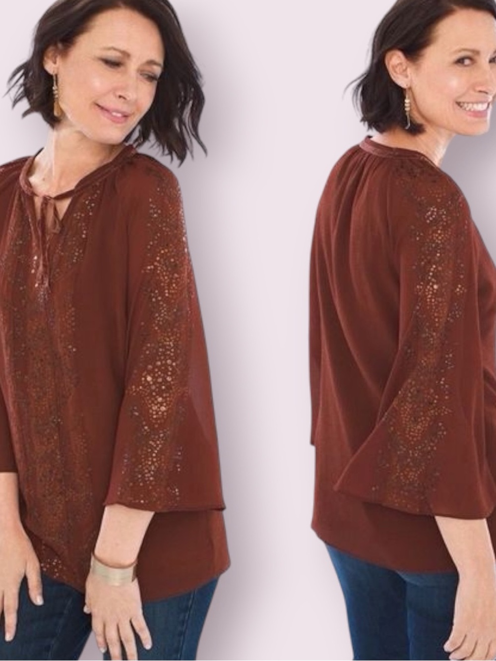 Chico's Crinkled Texture Sequins Blouse in Rust - Picture 1 of 13
